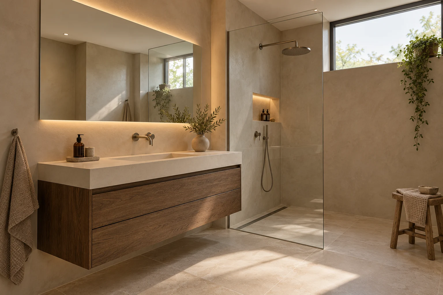 Eigen conceptvisualisatie van een badkamer met houten wastafelmeubel en zachte verlichting