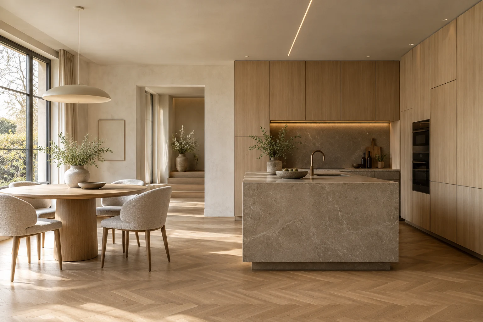 Eigen conceptvisualisatie van een keuken met eiken kasten en een natuurstenen eiland