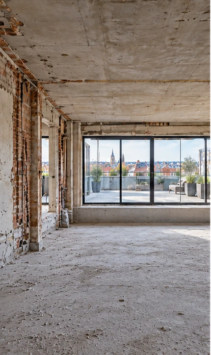 Appartement met groot terras — Betonplaat vrijgemaakt, eigen AI-conceptvisualisatie