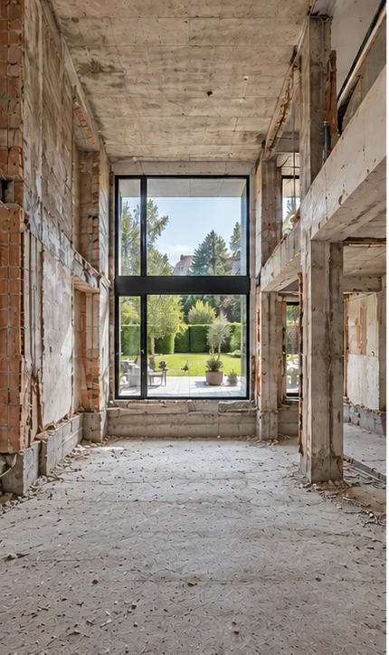 Groot huis — Betonplaat vrijgemaakt, eigen AI-conceptvisualisatie