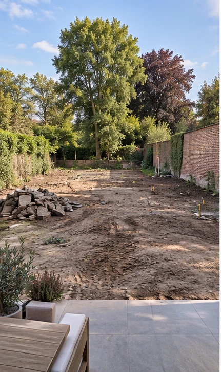 Grote tuin — Vrijmaken en grondvoorbereiding, eigen AI-conceptvisualisatie